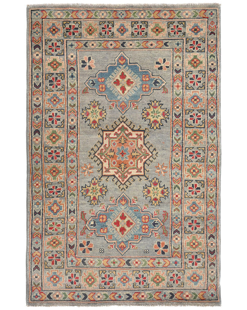 3x5 Gray Kuba Afghan Hand Knotted Wool Area Rug